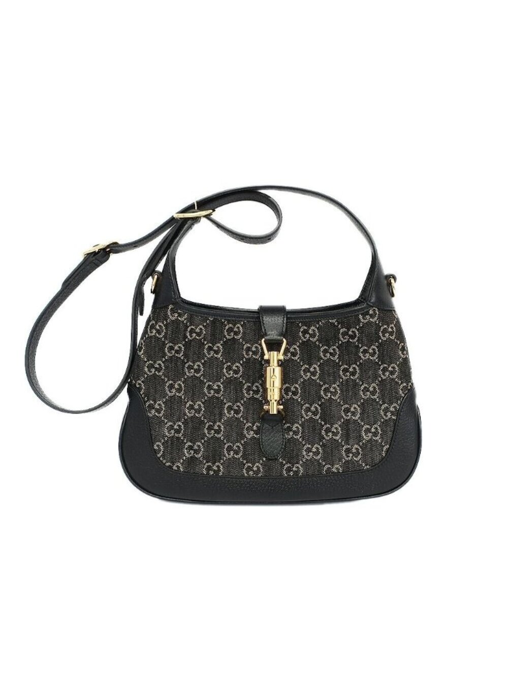 Gucci Jackie Small Shoulder Bag GG Denim Leather Black Gold